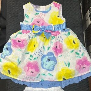 Floral Baby Dress with Blue Lace and White Bloomers